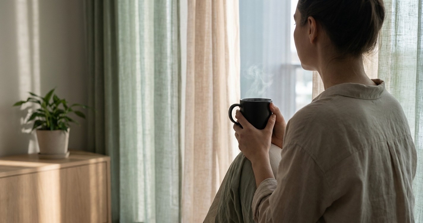 Woman holding a mug by a window in the morning