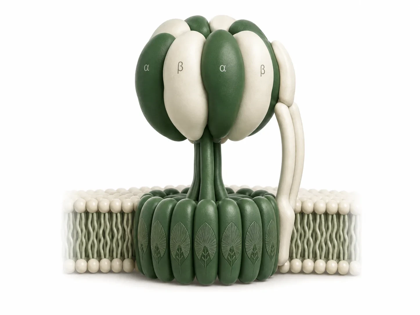 Stylised 3D render of ATP synthase, the molecular motor in the cell membrane that produces ATP – the energy creatine helps regenerate.