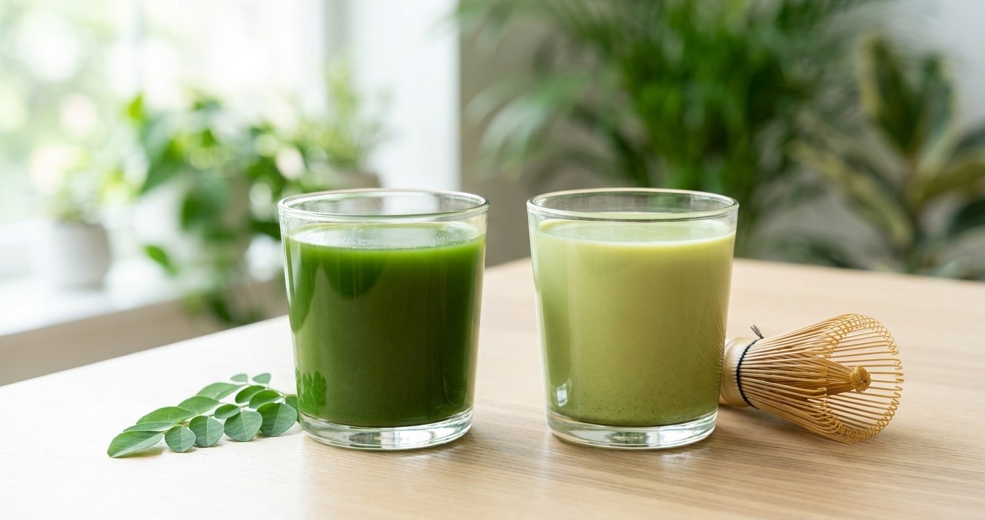 Two glasses of green moringa and matcha drinks with a whisk
