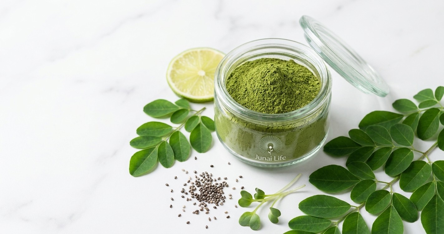 Open jar of moringa powder with fresh moringa leaves on marble