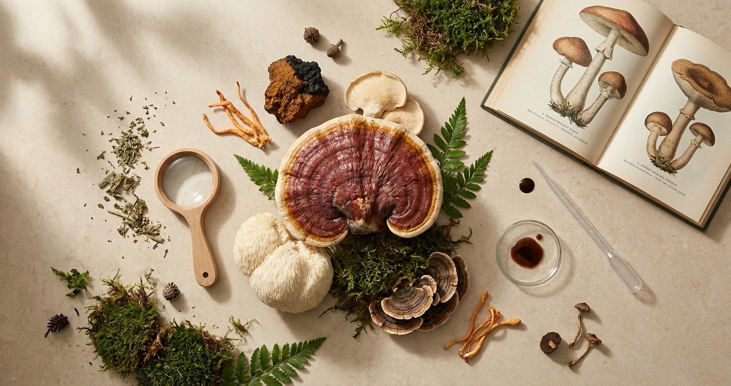 Flatlay of reishi mushroom slices with moss and specimen cards