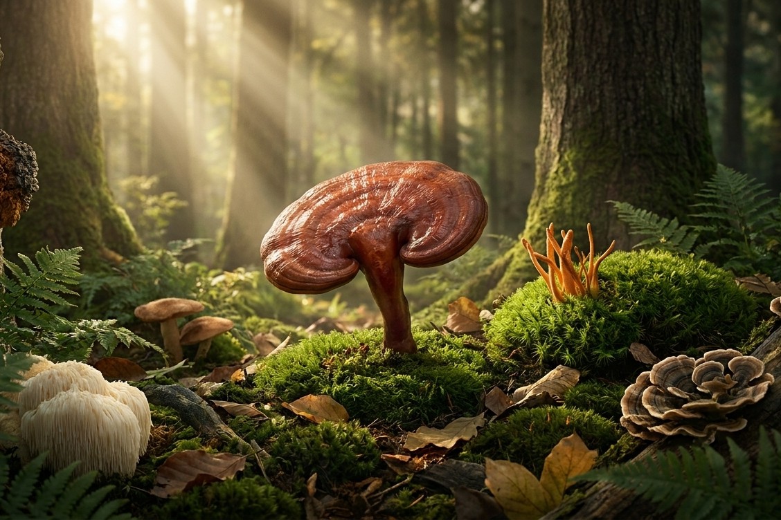 Reishi mushroom growing on a mossy forest floor in sunlight
