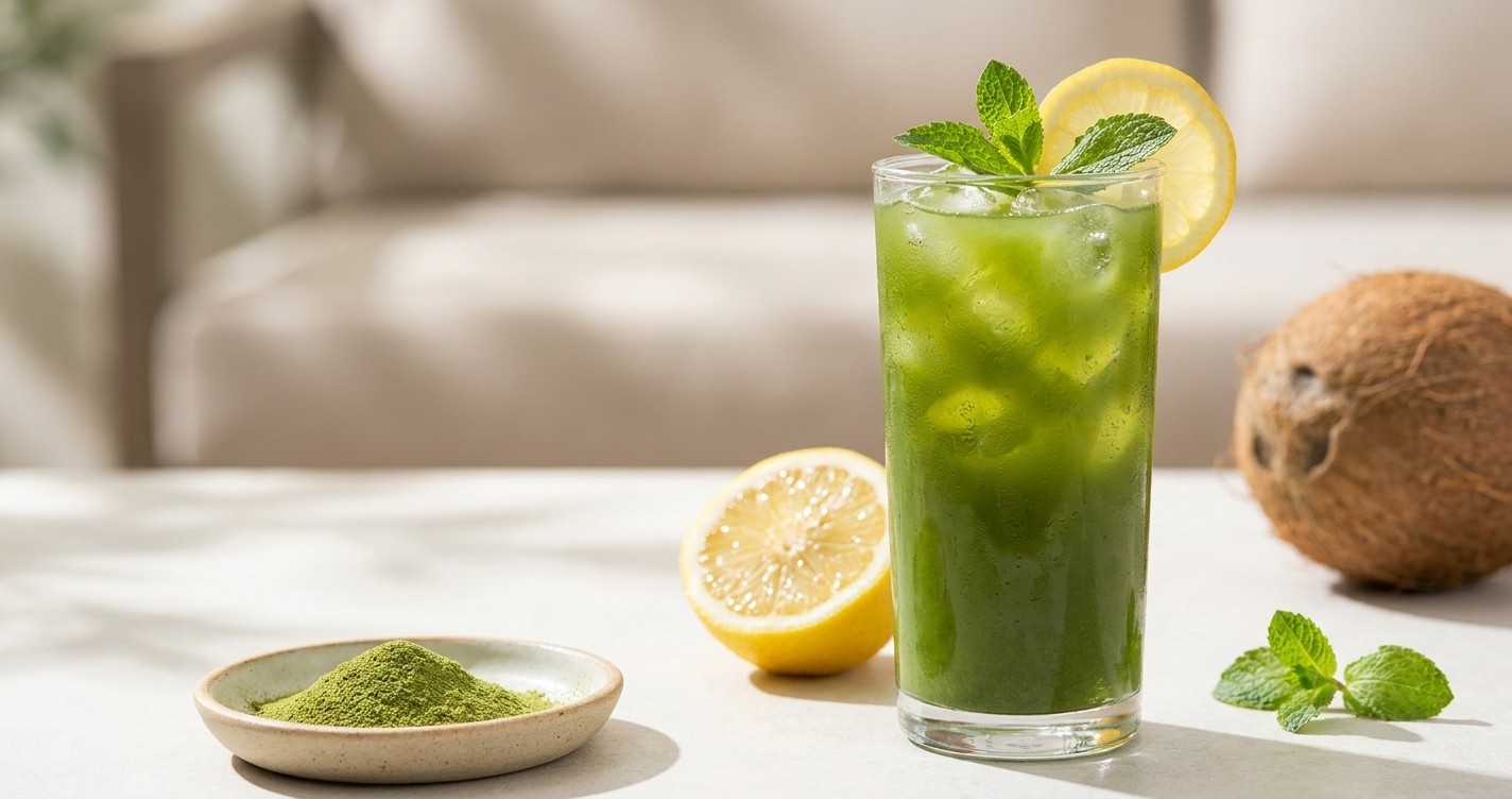 Green iced moringa drink with lemon, mint and a dish of powder