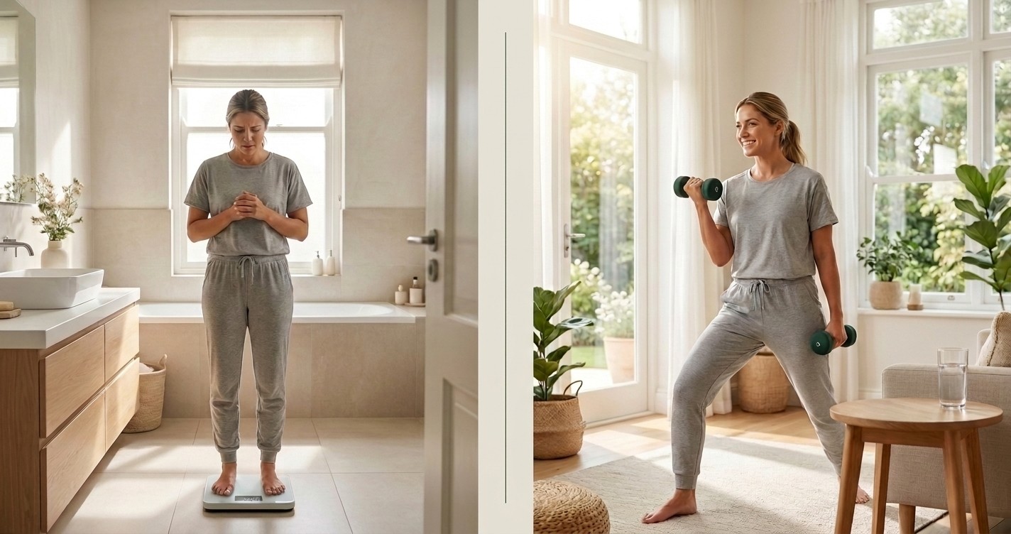 A woman on a scale and then working out at home