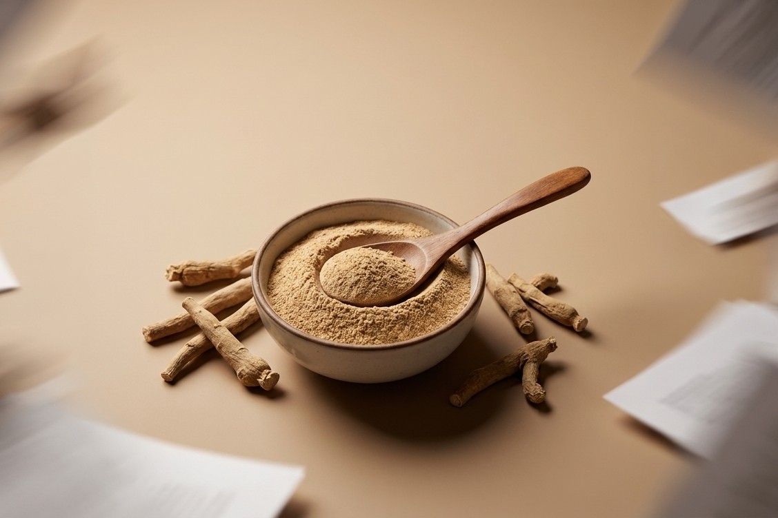 Bowl of ashwagandha powder with roots and a spoon