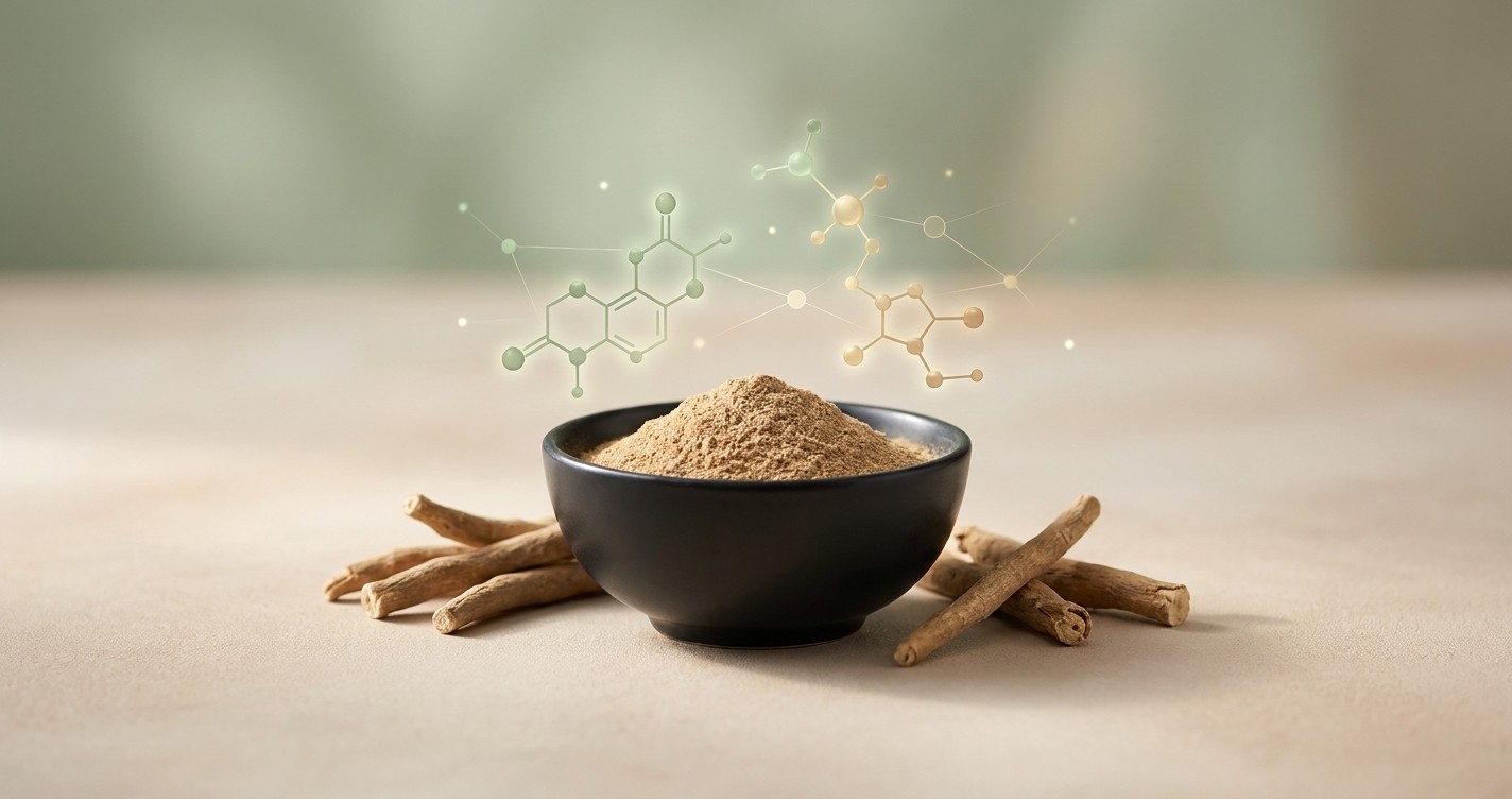 Bowl of ashwagandha powder and roots with a glowing molecule graphic