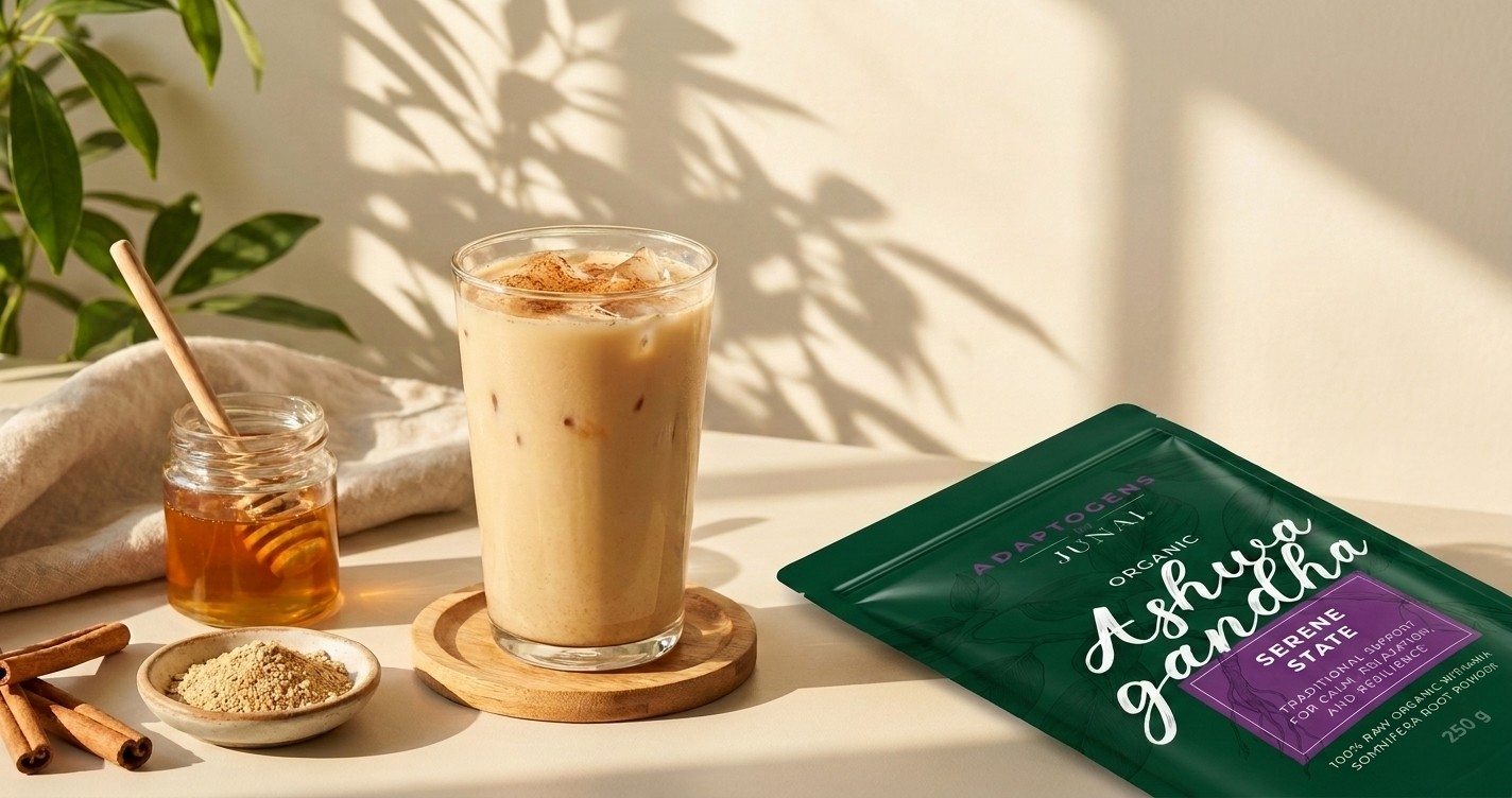Iced ashwagandha latte with honey and a Junai Ashwagandha pouch