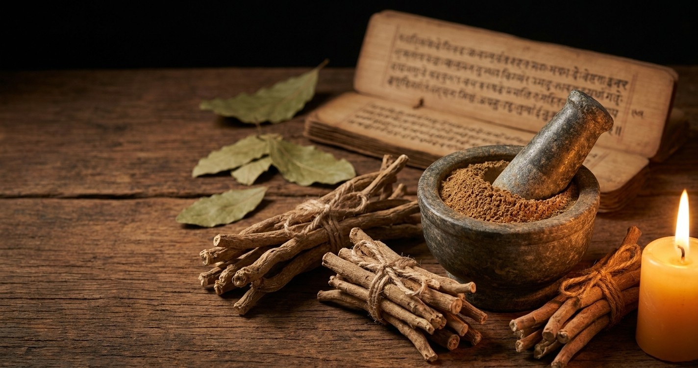 Ashwagandha root and powder in a mortar beside an old manuscript