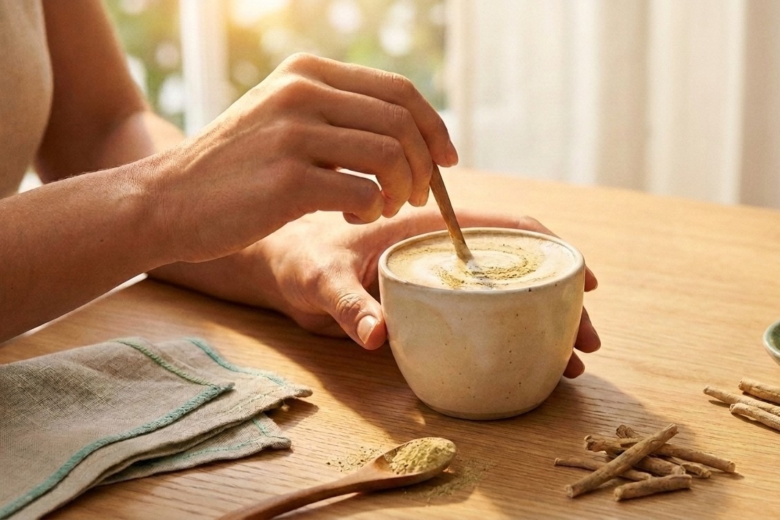 Hands stirring a mug of ashwagandha latte at a table