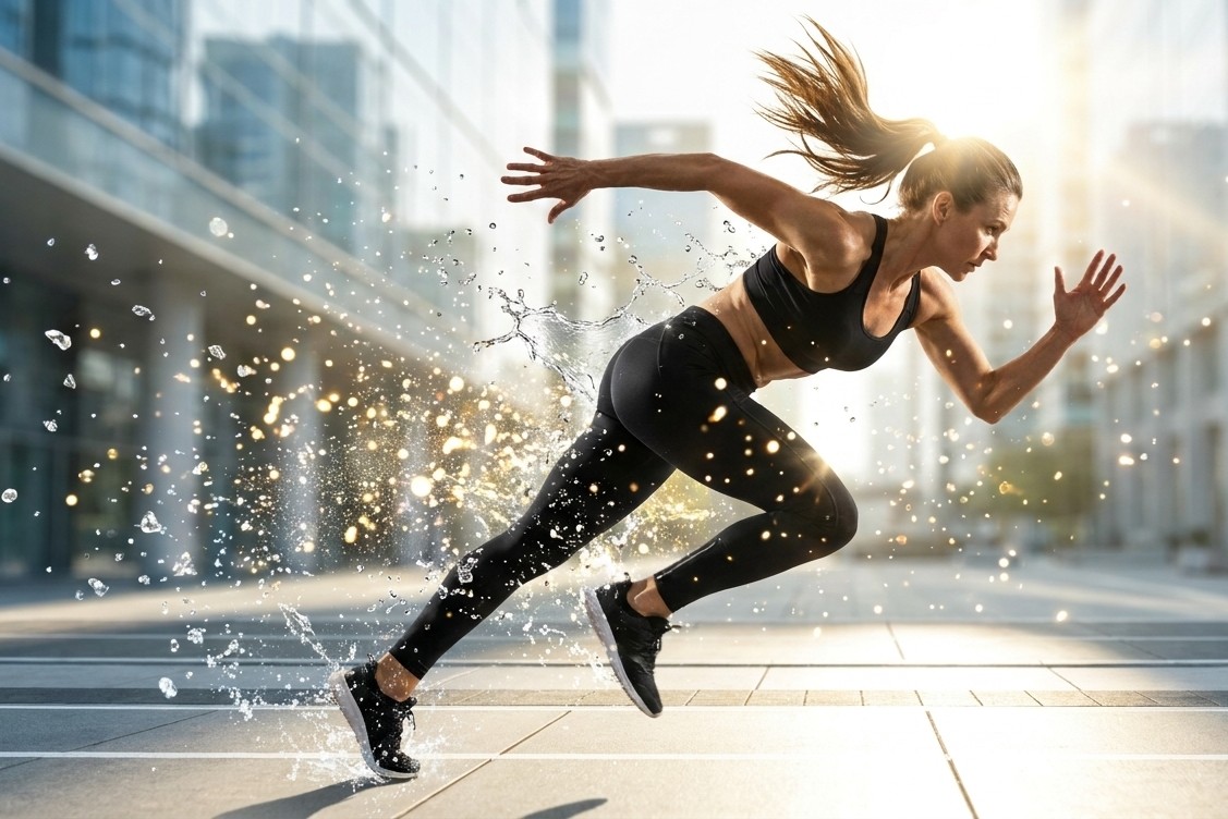 Woman sprinting through a city street in a burst of light