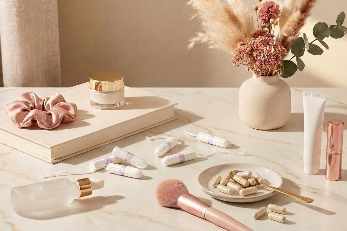 Flatlay of supplement capsules with cosmetics and dried flowers