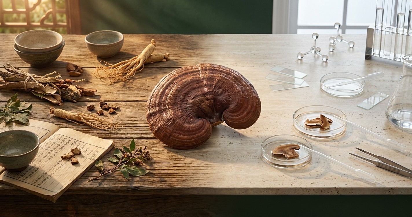 Reishi mushroom on a table with lab glassware and an old book