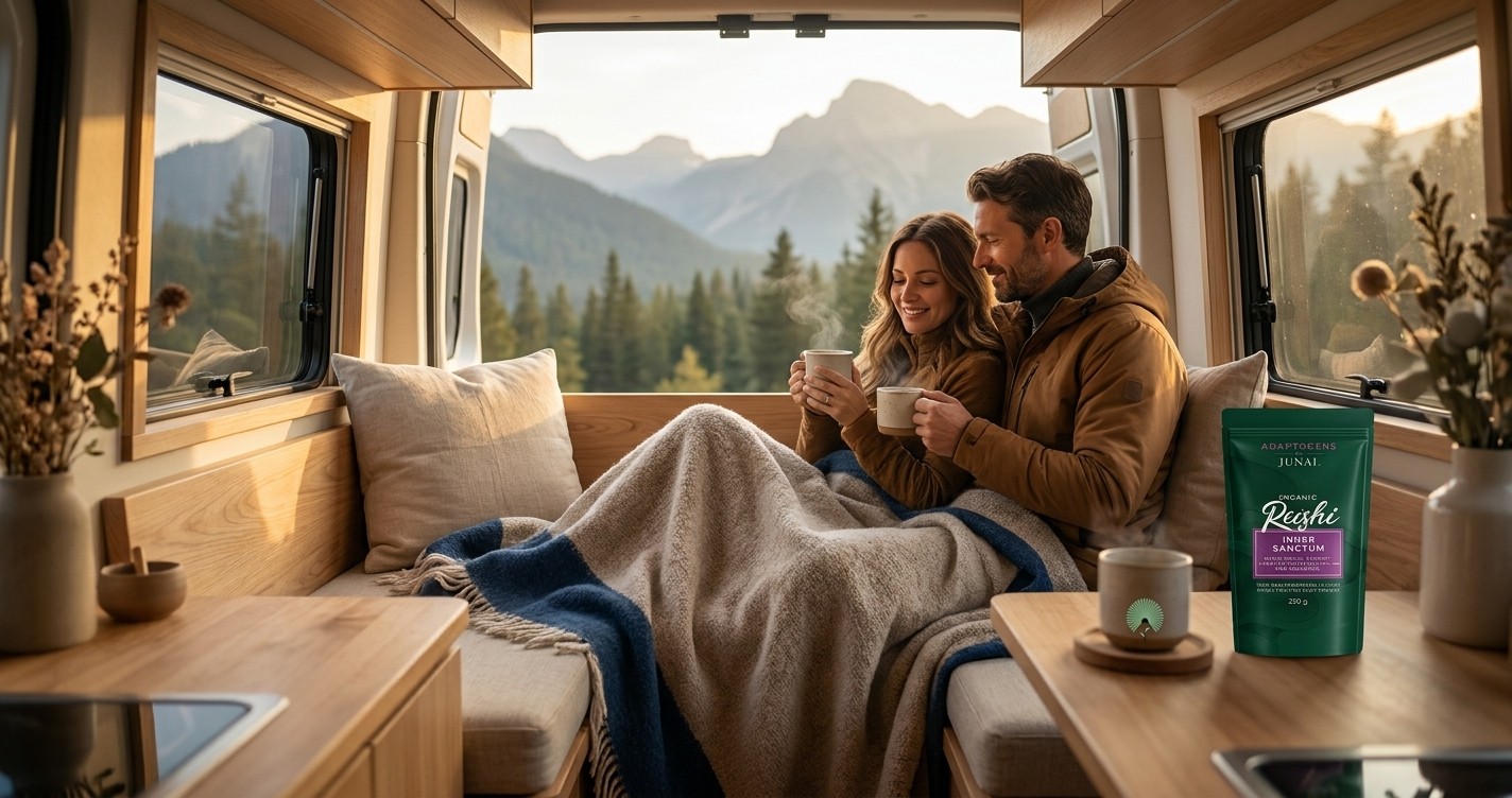 Couple relaxing in a campervan with mugs and a Junai Reishi pouch