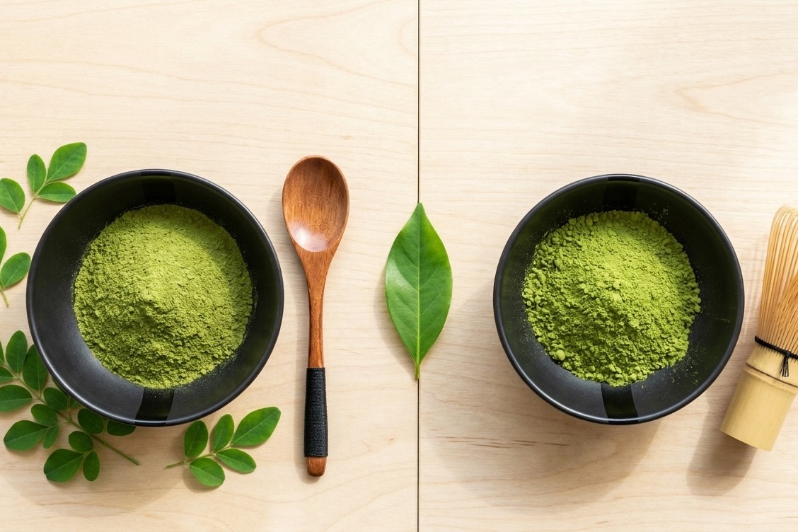 Two bowls of green moringa and matcha powder with a spoon and whisk