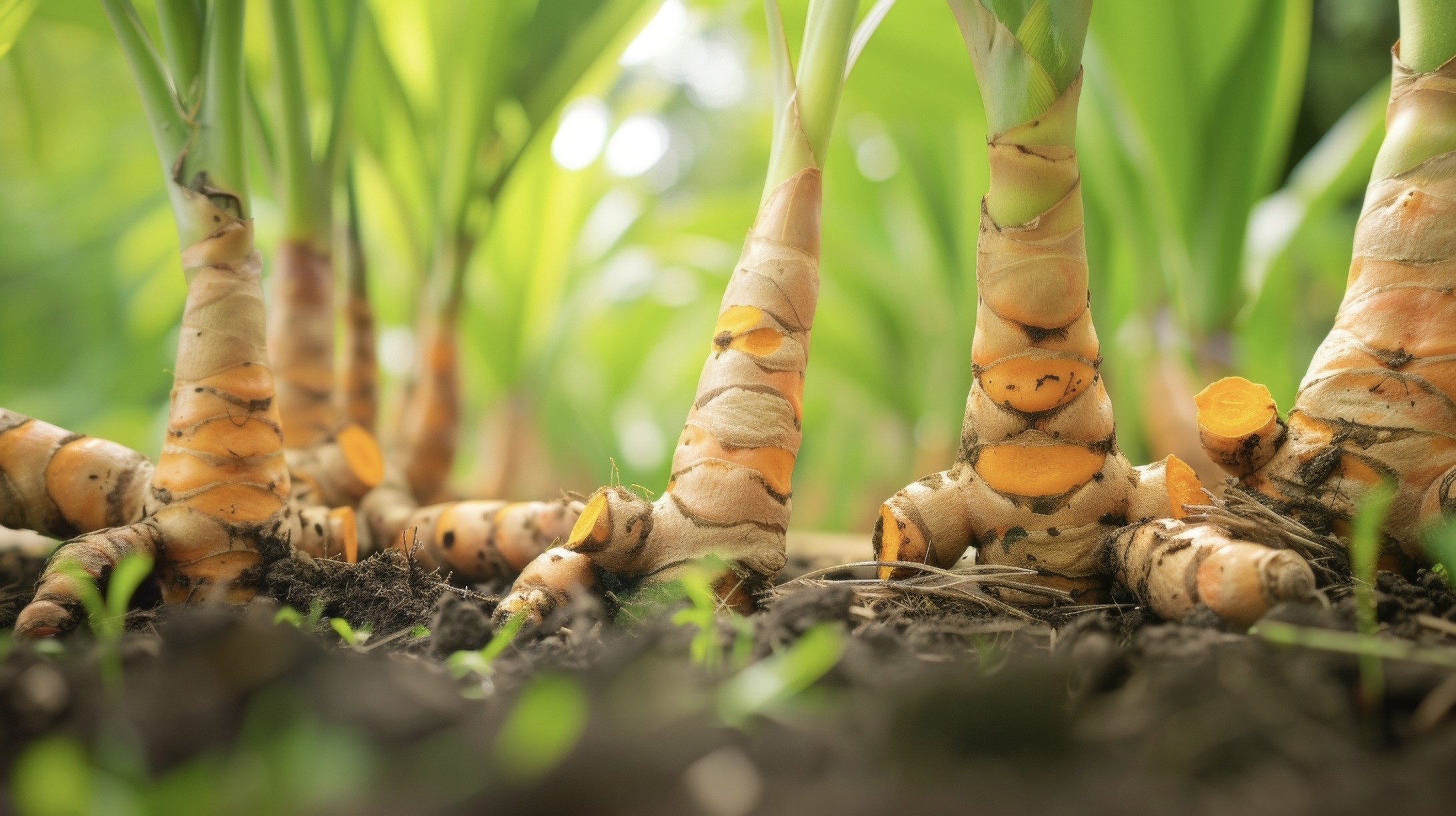Detailed shot fullygrown turmeric plant with thick rhizomes visible just (1) (1)