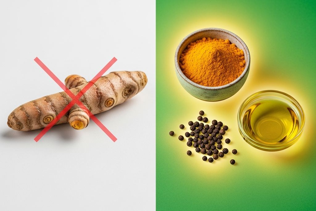 Graphic comparing raw turmeric with turmeric powder and oil
