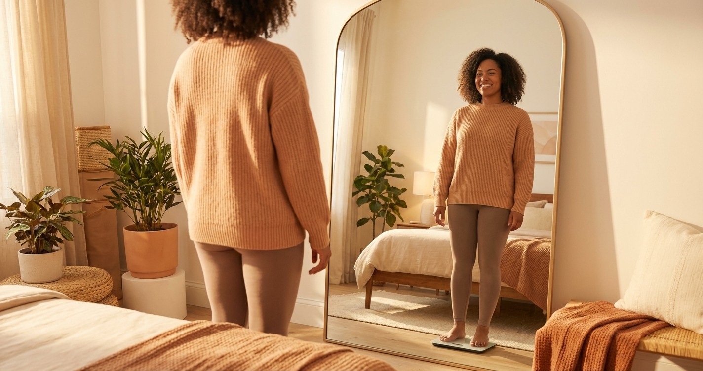 Satisfied weighing herself