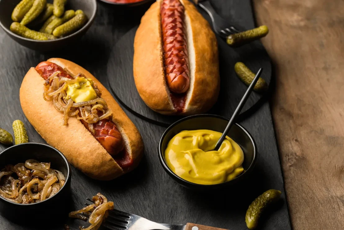 Delicious hot dogs arrangement high angle body