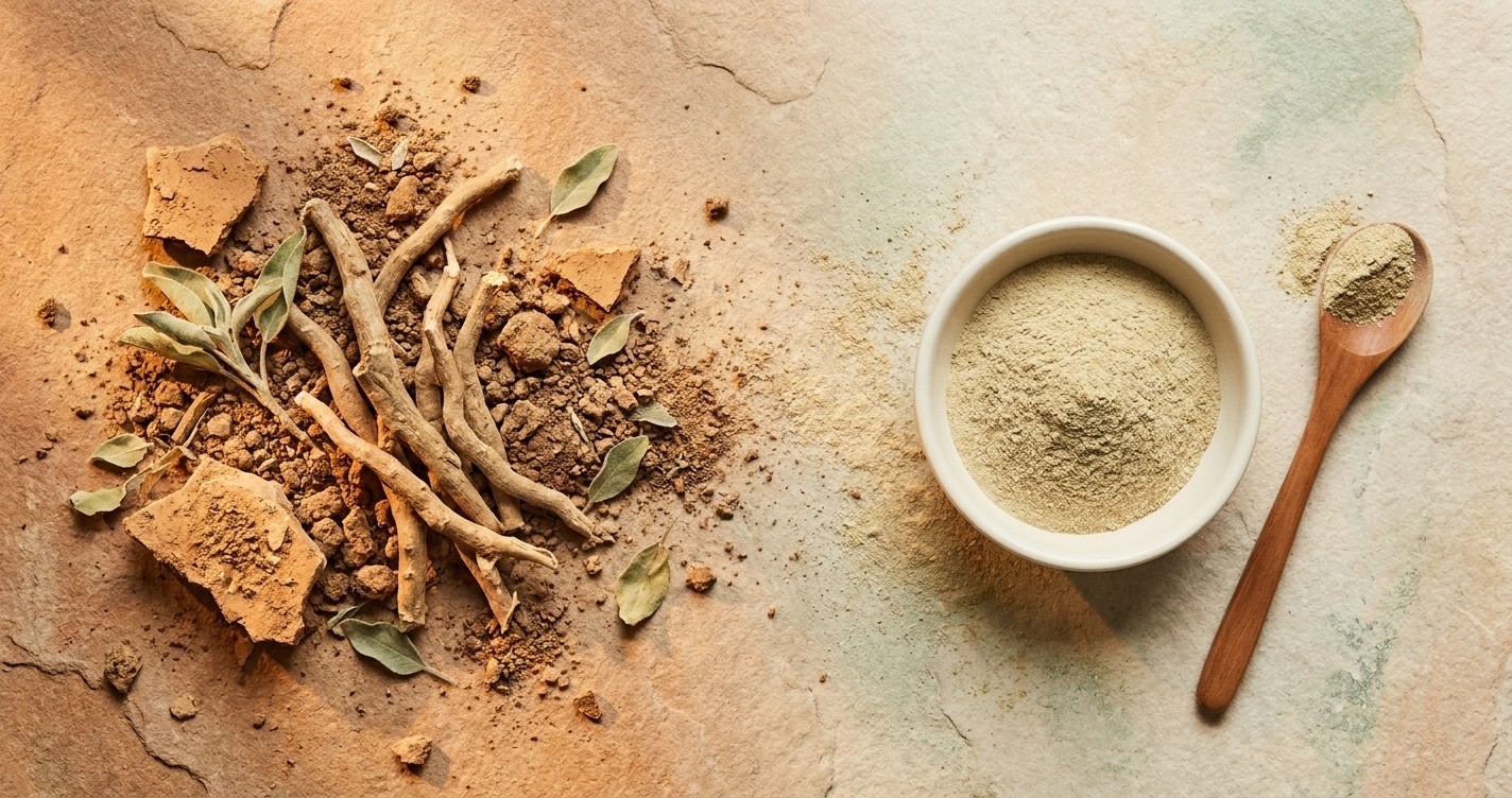 Flatlay of ashwagandha roots and a bowl of powder